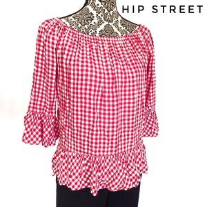 BEACHLUNCHLOUNGE Red Gingham Ruffle 3/4 Sleeve and Bottom High Low Top XS